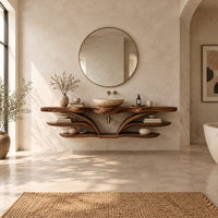 Wood bathroom vanity with a wavy edged top and winged arms over open shelves in a bright open plan bathroom