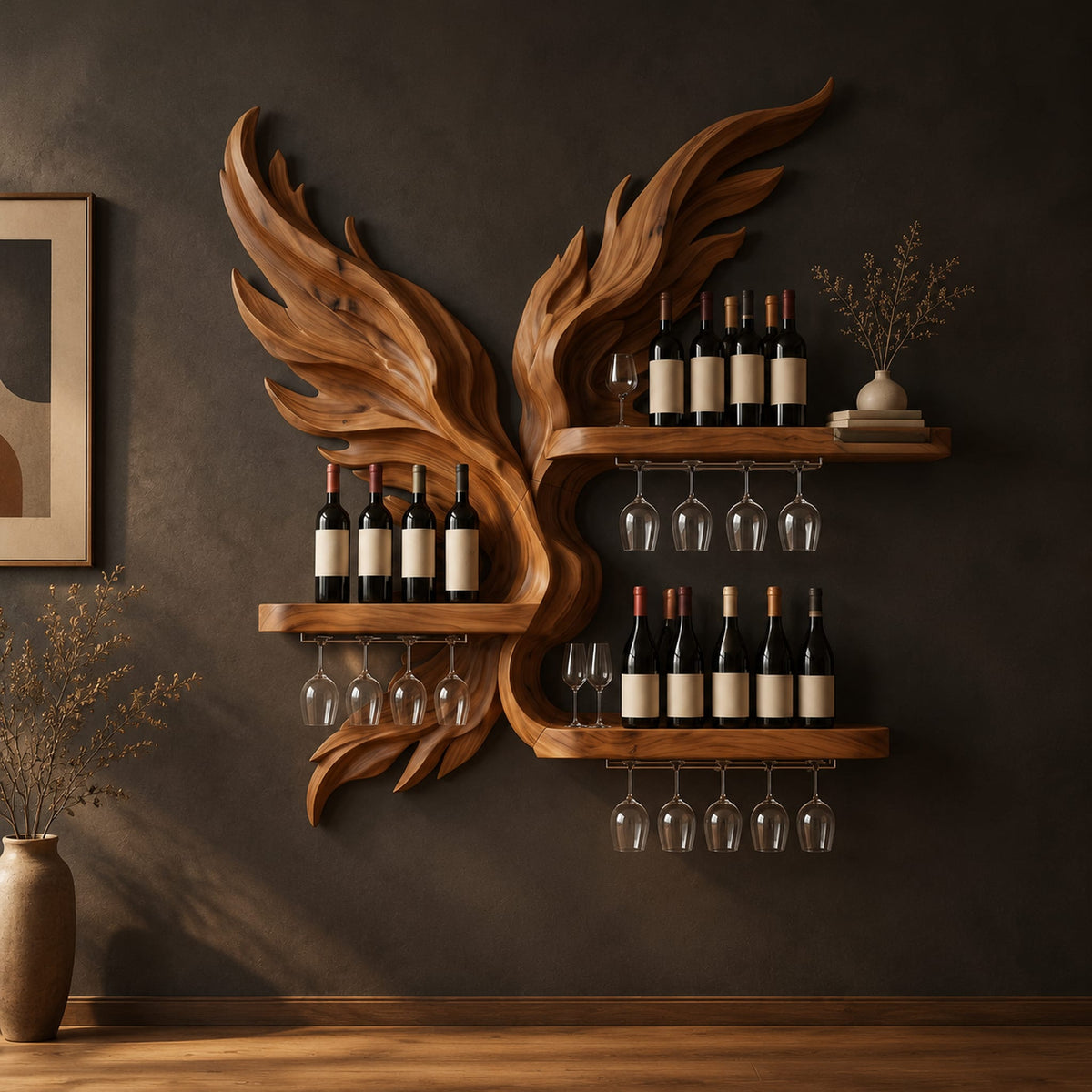 Wine rack carved as a pair of wings with three shelves and stemware rails in a dark studio against a charcoal plaster wall