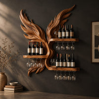 Wine rack carved as a pair of wings with three shelves and stemware rails, three-quarter view showing the grain
