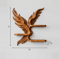 Winged Carved Wine Rack With Three Shelves And Stemware Rails dimension diagram with width, height and depth