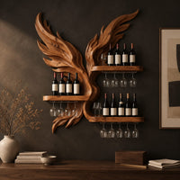 Corner detail of wine rack carved as a pair of wings with three shelves and stemware rails beside wood, brass and linen samples