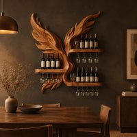Wine rack carved as a pair of wings with three shelves and stemware rails in a dark dining room at golden hour