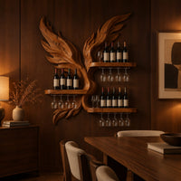 Wine rack carved as a pair of wings with three shelves and stemware rails in an evening dining room with walnut wall paneling