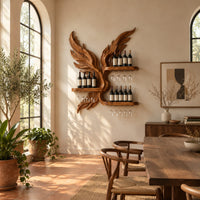 Wine rack carved as a pair of wings with three shelves and stemware rails in a bright dining room with arched windows and plants