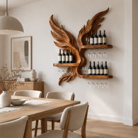 Wine rack carved as a pair of wings with three shelves and stemware rails in a Scandinavian dining room with white walls