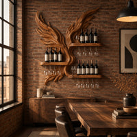 Wine rack carved as a pair of wings with three shelves and stemware rails in an industrial loft dining room with exposed brick