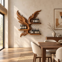 Wine rack carved as a pair of wings with three shelves and stemware rails in a bright open plan dining room
