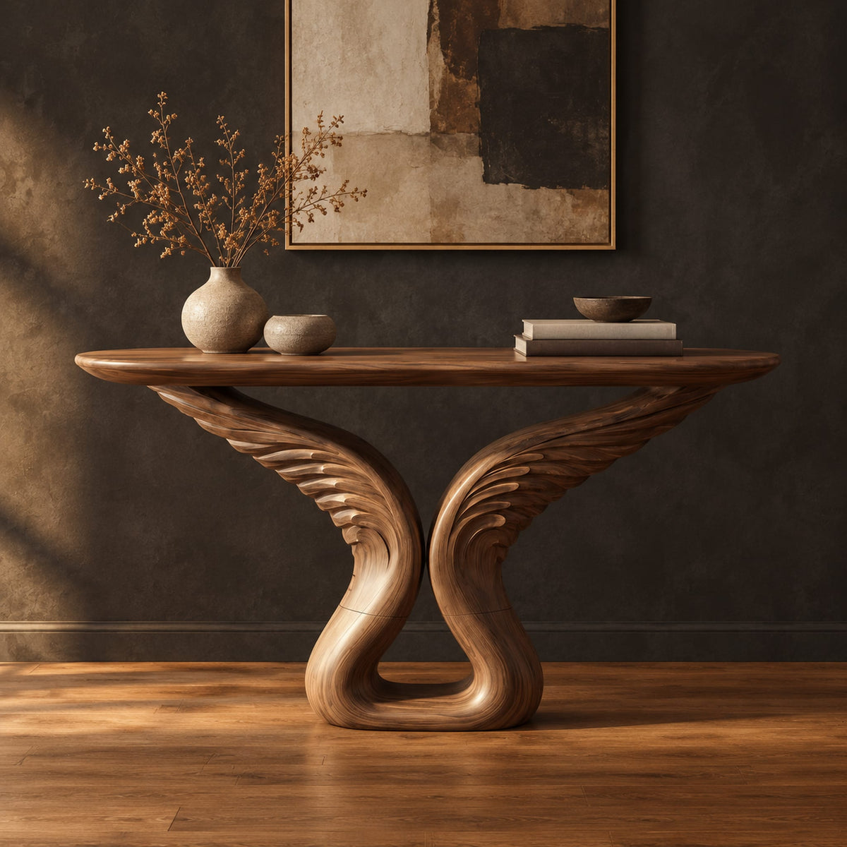 Console table with carved feather wings rising from a looped base in a dark studio against a charcoal plaster wall