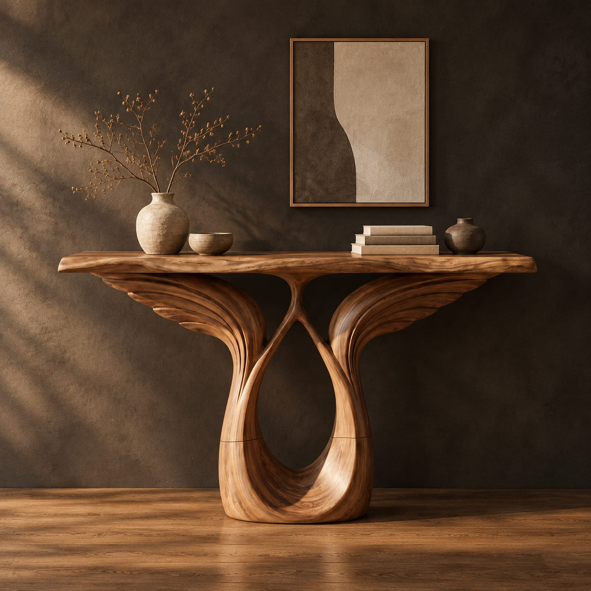 Console table with feather carved wings rising from an open teardrop base in a dark studio against a charcoal plaster wall