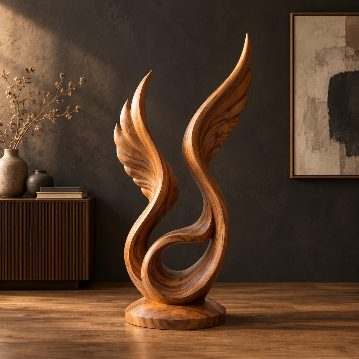 Winged swirl sculpture with carved feather lines on a disc base in a dark studio against a charcoal plaster wall