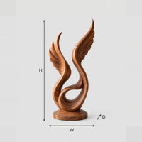 Winged Swirl Sculpture With Carved Feather Lines On Circular Base dimension diagram with width, height and depth