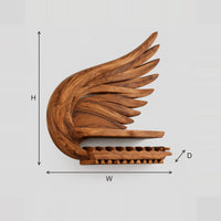 Winged Wine Rack With Feathered Carving, Bottle Shelf, Stemware Rail dimension diagram with width, height and depth