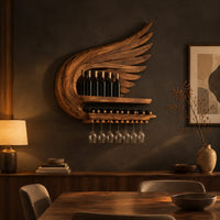 Wing shaped wine rack with feathered carving, a bottle shelf and a stemware rail in a dark dining room at golden hour