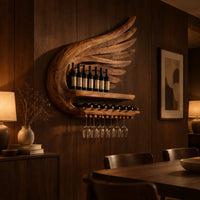 Wing shaped wine rack with feathered carving, a bottle shelf and a stemware rail in an evening dining room with walnut wall paneling