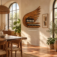 Wing shaped wine rack with feathered carving, a bottle shelf and a stemware rail in a bright dining room with arched windows and plants