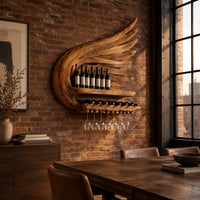 Wing shaped wine rack with feathered carving, a bottle shelf and a stemware rail in an industrial loft dining room with exposed brick