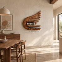 Wing shaped wine rack with feathered carving, a bottle shelf and a stemware rail in a bright open plan dining room