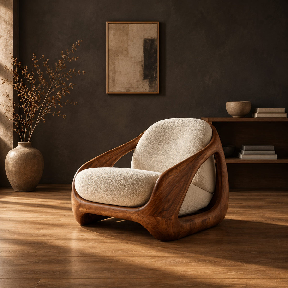 Lounge chair with a carved wood shell frame and soft seat cushions in a dark studio against a charcoal plaster wall