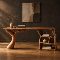 Desk with a branch shaped leg and a wavy open shelf unit in a dark studio against a charcoal plaster wall