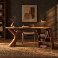 Desk with a branch shaped leg and a wavy open shelf unit in a dark home office at golden hour