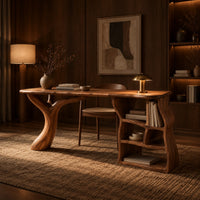 Desk with a branch shaped leg and a wavy open shelf unit in an evening home office with walnut wall paneling