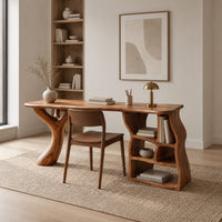 Desk with a branch shaped leg and a wavy open shelf unit in a Scandinavian home office with white walls