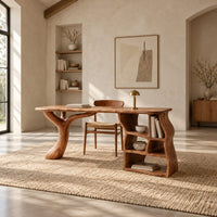Desk with a branch shaped leg and a wavy open shelf unit in a bright open plan home office
