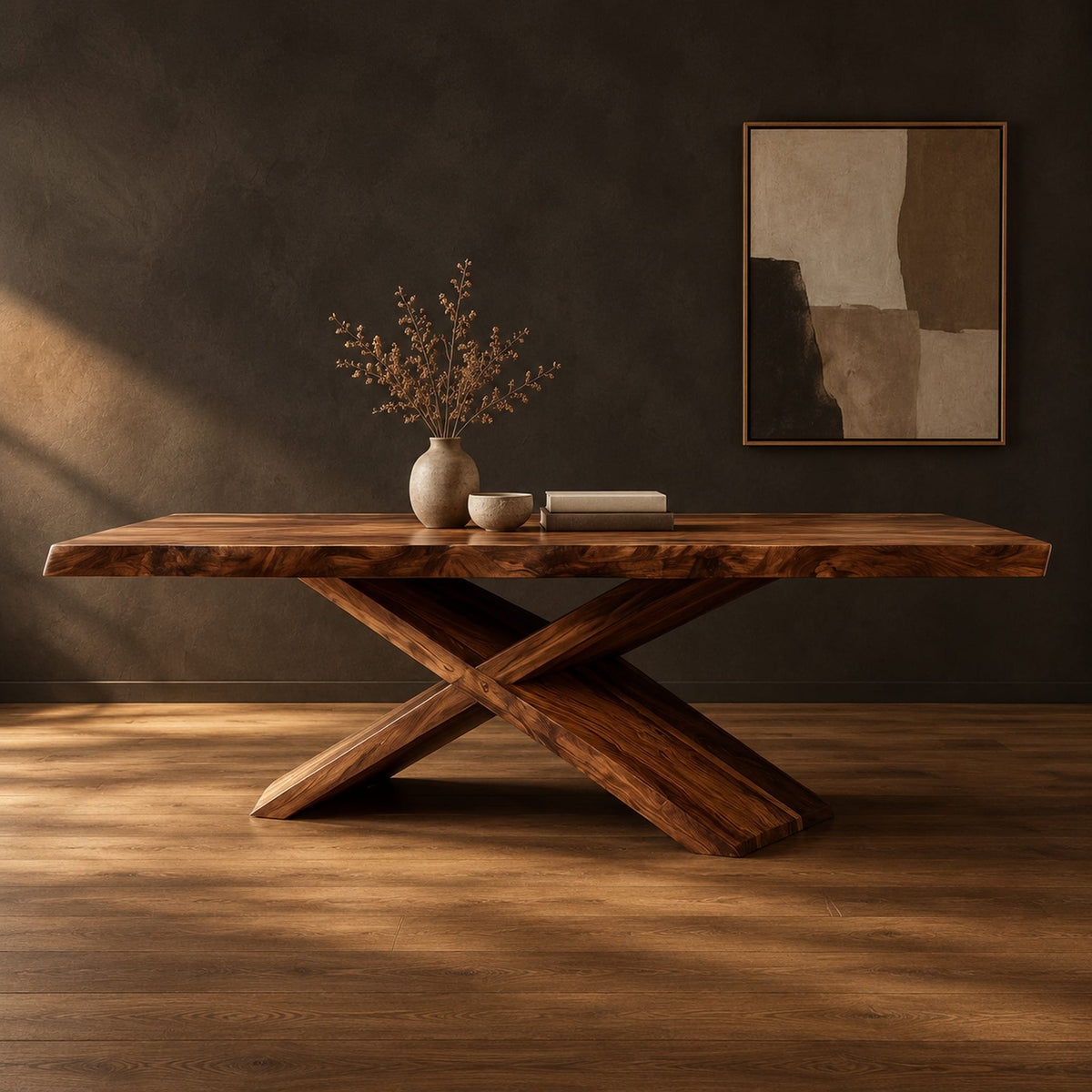 Dining table with crossed legs and a thick rectangular top in a dark studio against a charcoal plaster wall