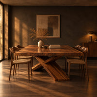 Dining table with crossed legs and a thick rectangular top in a dark dining room at golden hour