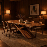 Dining table with crossed legs and a thick rectangular top in an evening dining room with walnut wall paneling