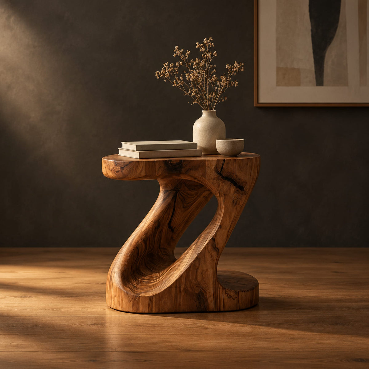 Z shaped side table with a carved diagonal opening and wide base in a dark studio against a charcoal plaster wall