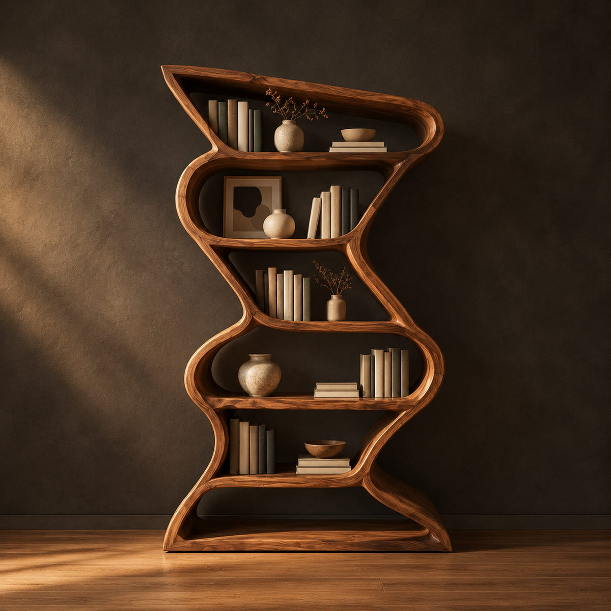 Tall zigzag wooden bookshelf with a slim flowing ribbon frame in a dark studio against a charcoal plaster wall