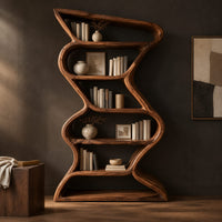 Corner detail of tall zigzag wooden bookshelf with a slim flowing ribbon frame beside wood, brass and linen samples