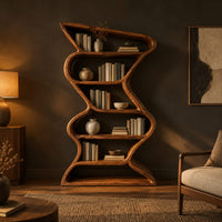 Tall zigzag wooden bookshelf with a slim flowing ribbon frame in a dark living room at golden hour