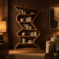 Tall zigzag wooden bookshelf with a slim flowing ribbon frame in an evening living room with walnut wall paneling
