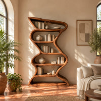 Tall zigzag wooden bookshelf with a slim flowing ribbon frame in a bright living room with arched windows and plants