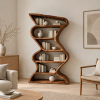 Tall zigzag wooden bookshelf with a slim flowing ribbon frame in a Scandinavian living room with white walls