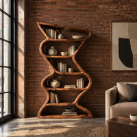 Tall zigzag wooden bookshelf with a slim flowing ribbon frame in an industrial loft living room with exposed brick