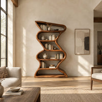 Tall zigzag wooden bookshelf with a slim flowing ribbon frame in a bright open plan living room