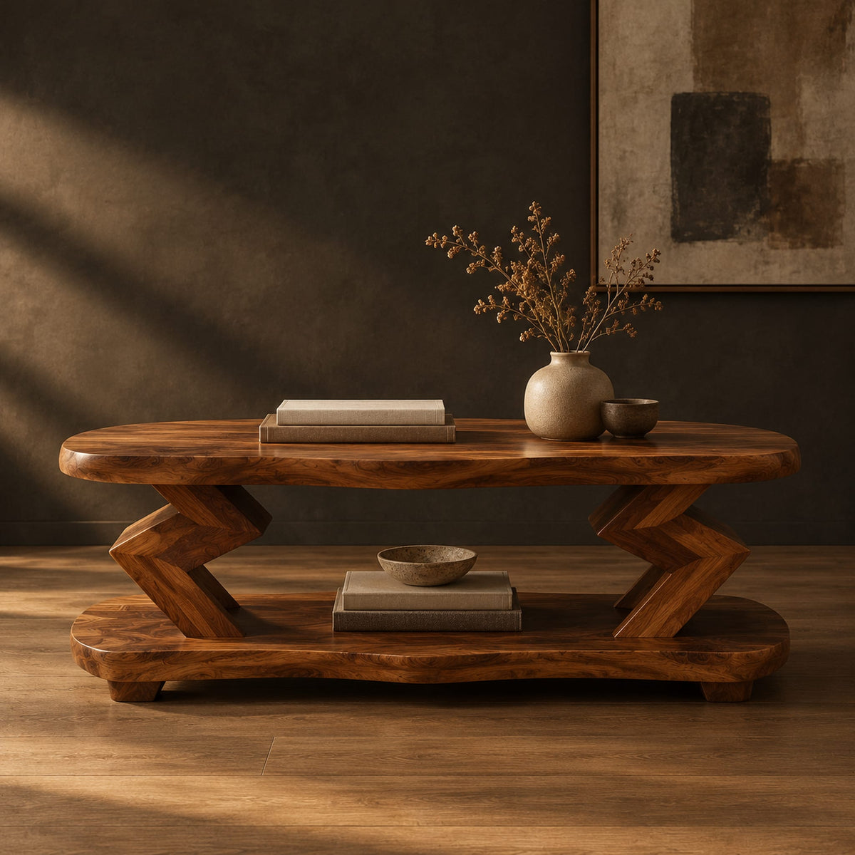 Oval coffee table with zigzag supports and a wavy edged lower shelf in a dark studio against a charcoal plaster wall