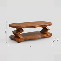 Zigzag Leg Coffee Table With Wavy Edge Top And Low Shelf dimension diagram with width, height and depth
