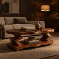 Oval coffee table with zigzag supports and a wavy edged lower shelf in an evening living room with walnut wall paneling