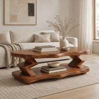 Oval coffee table with zigzag supports and a wavy edged lower shelf in a Scandinavian living room with white walls