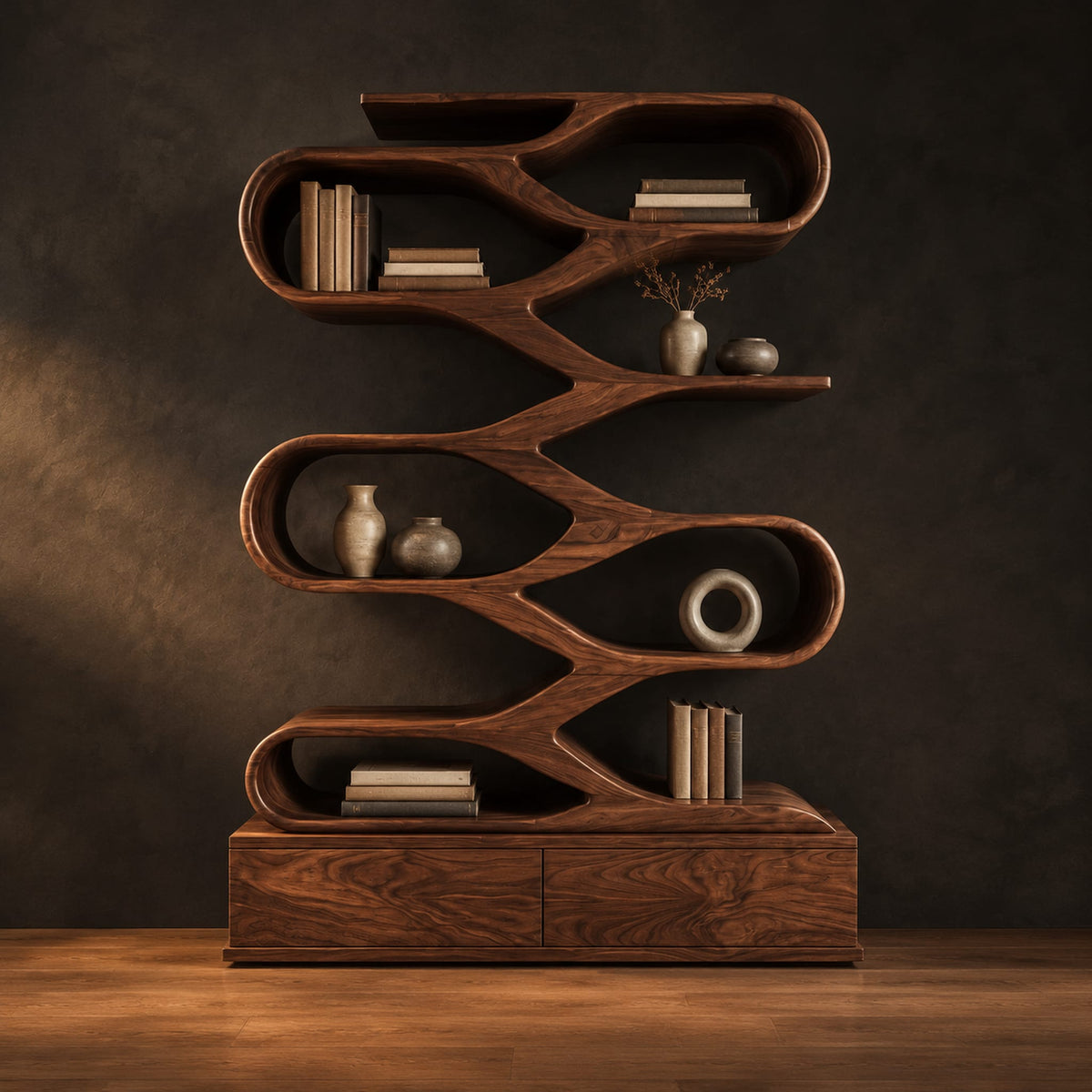 Zigzag bookshelf of stacked open oval loops on a wide base in a dark studio against a charcoal plaster wall