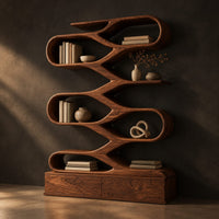 Zigzag bookshelf of stacked open oval loops on a wide base, three-quarter view showing the grain