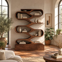 Zigzag bookshelf of stacked open oval loops on a wide base in a bright living room with arched windows and plants