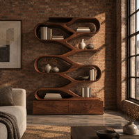 Zigzag bookshelf of stacked open oval loops on a wide base in an industrial loft living room with exposed brick