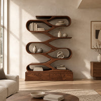 Zigzag bookshelf of stacked open oval loops on a wide base in a bright open plan living room