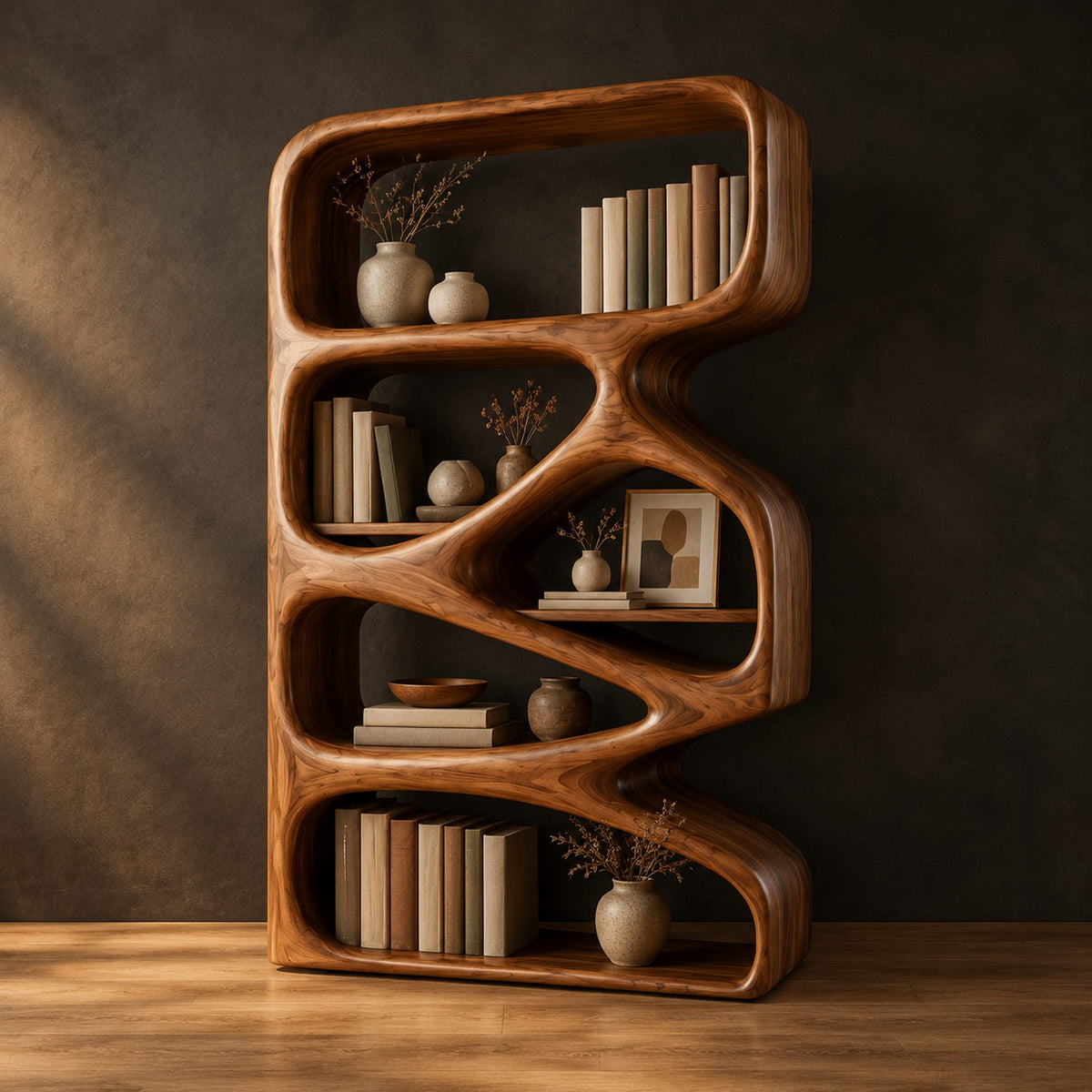 Bookshelf with five open compartments in a zigzag ribbon frame in a dark studio against a charcoal plaster wall