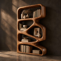 Bookshelf with five open compartments in a zigzag ribbon frame, three-quarter view showing the grain